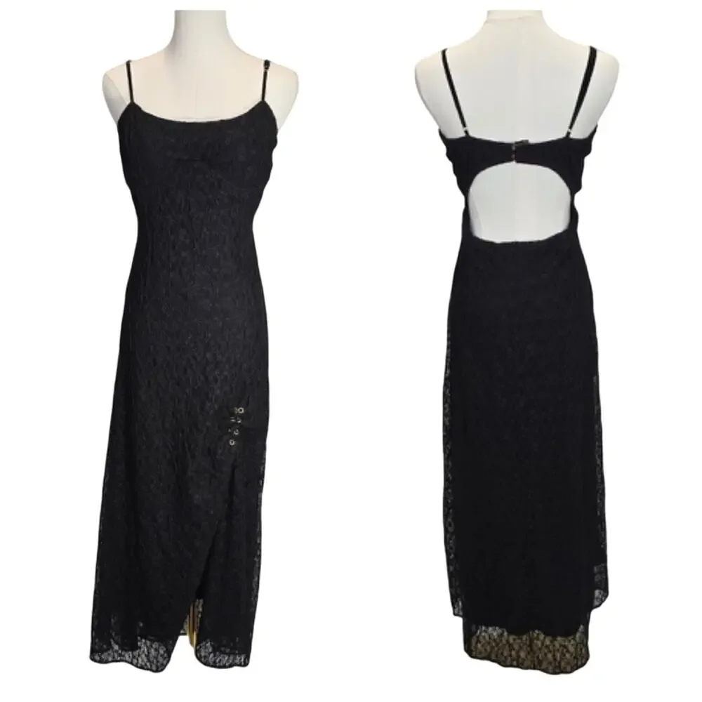 Free People Cherie Black Lace Midi Slip Dress Underwire Corset Cutout Slit M